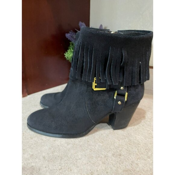 Lauren Ralph Lauren Black Suede Fringe Ankle Boots With Gold Buckle & Side Zippe - Picture 7 of 8